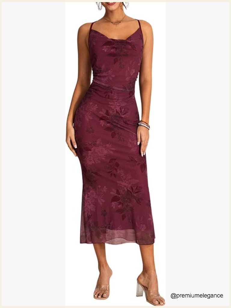 Floral Cowl Neck Bodycon Maxi Dress Mesh Long Sleeveless Party Dress